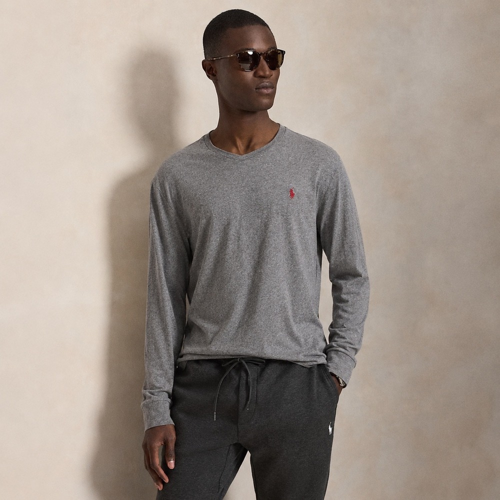 Polo Ralph Lauren Mens XL Long Sleeve V-Neck T-Shirt Heather Grey Red Pony Logo